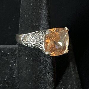 Vintage Silver Tone Faceted Citrine Tall Cocktail Ring Size 8